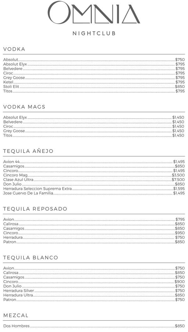 Page 1 of the Omnia bottle menu