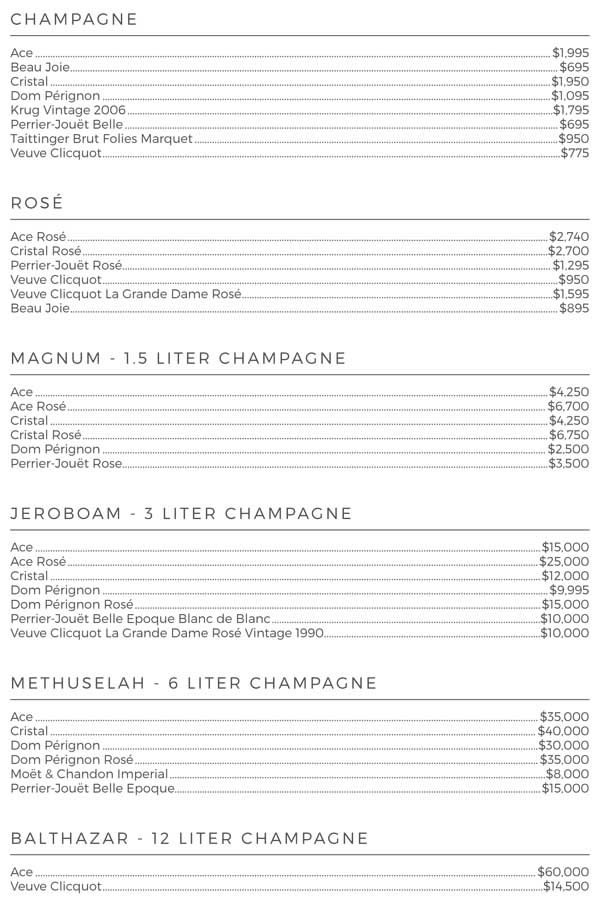 Page 3 of the Omnia bottle service menu