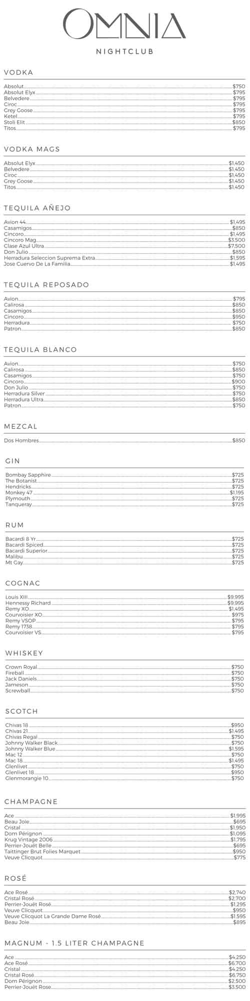 Omnia bottle menu and prices