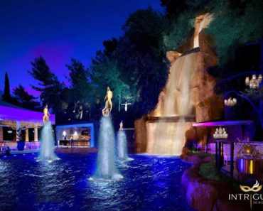 Intrigue's waterfall and outdoor patio area