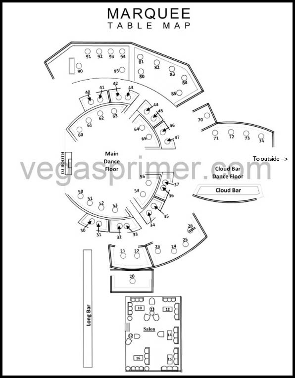 Table numbers and locations for bottle service at Marquee Nightclub