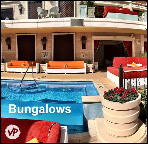 A photo of Encore Beach Club's bungalows featuring private pools and bathrooms
