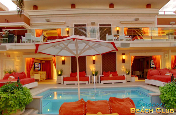 A photo of Encore Beach Club's bungalows featuring private pools and bathrooms.