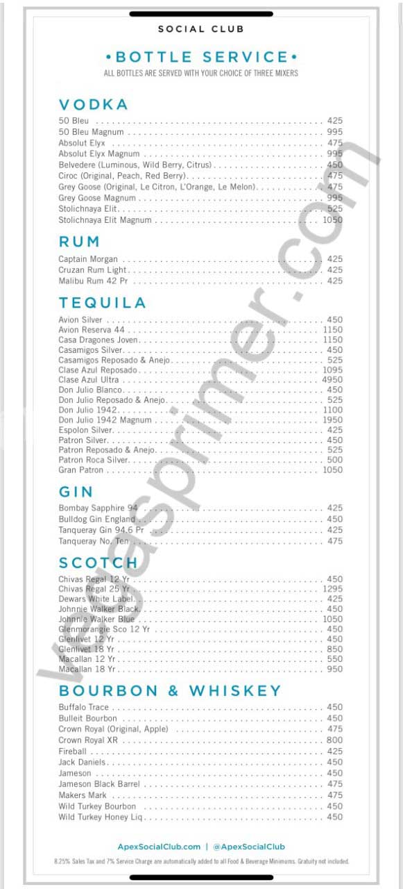 Vodka, Rum, Tequila, Gin, Scotch, Bourbon and Whiskey Bottle Offerings At Apex Social Club