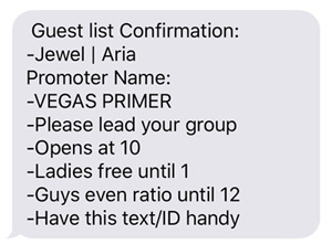 A screenshot of a text message showing the guest list check-in instructions.