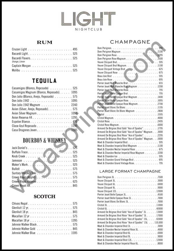 Light Nightclub's Rum, Tequila, Bourbon, Scotch and Champagne bottles and prices