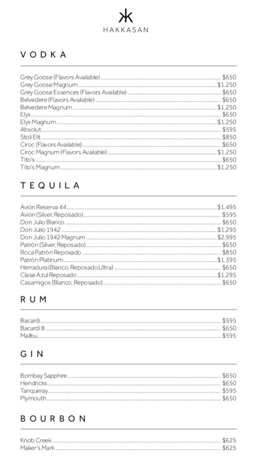 Vodka and tequila prices at Hakkasan Nightclub