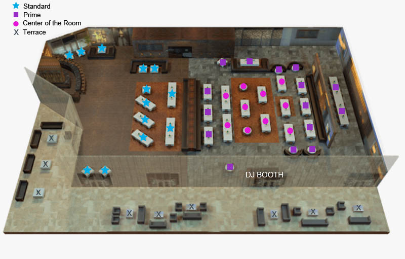 The Lavo Party Brunch floor plan showing the main room and terrace table locations