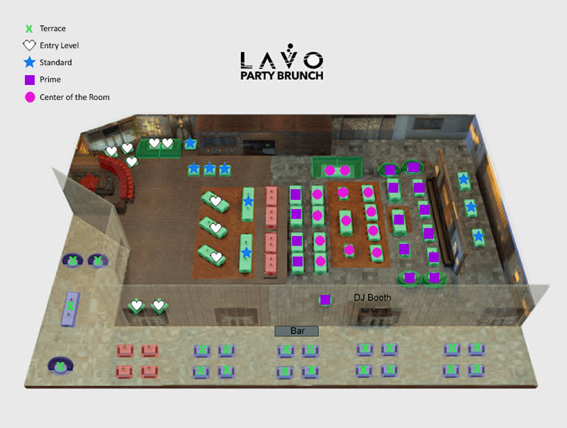 The Lavo Party Brunch floorplan showing the main room and terrace table locations
