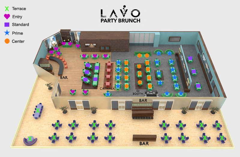 The Lavo Party Brunch floorplan showing the main room and terrace table locations