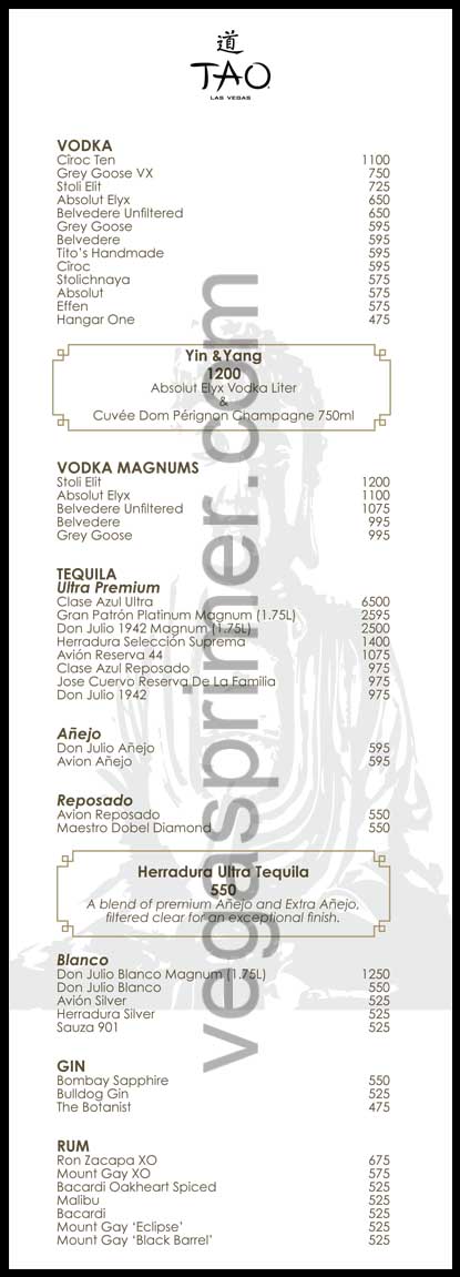 tao chicago bottle service menu