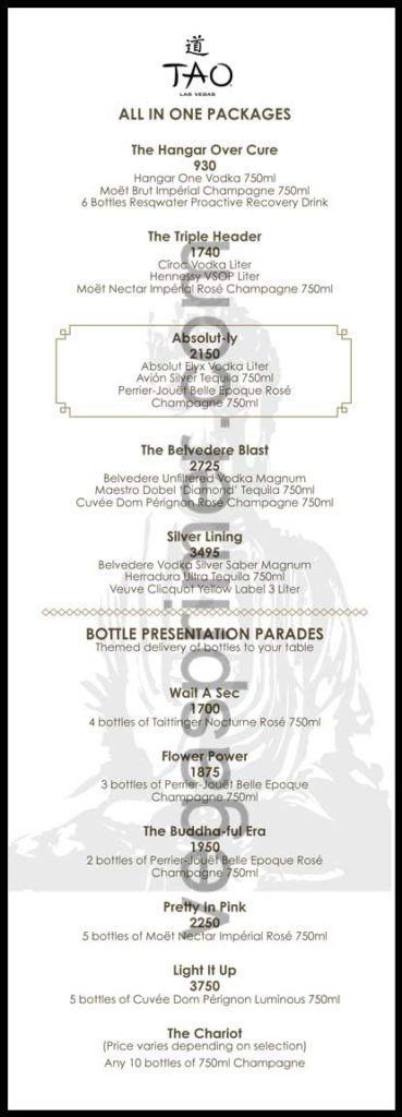 A menu of Tao Vegas's bottle service packages and presentation parades