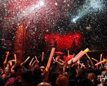 Confetti falls on the crowd inside Tao Las Vegas.