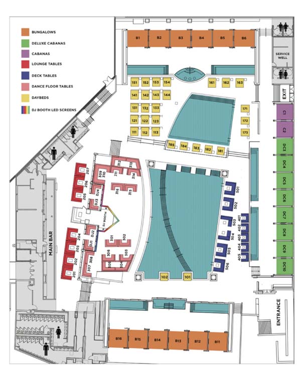 The Wet Republic floor plan showing cabanas, bungalows, daybeds, dance floor tables, deck tables, and lounge tables.