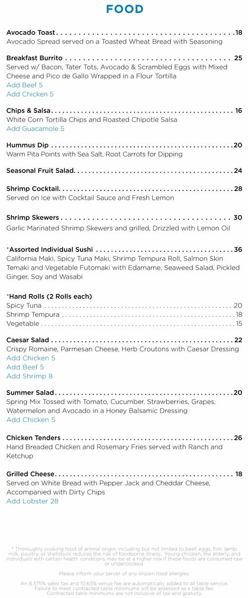 A listing of food options and prices