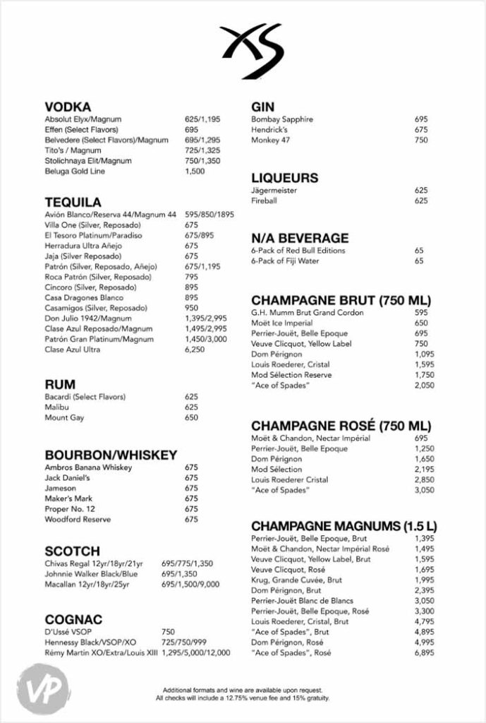 The XS bottle service menu showing prices and offerings
