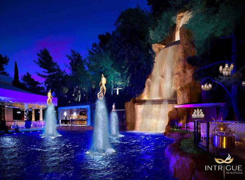 The waterfall and outdoor patio area at Intrigue