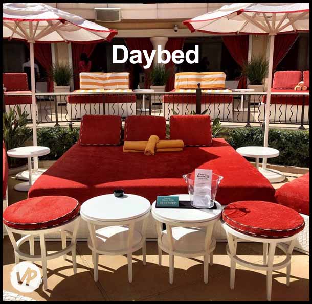 A photo of daybeds for bottle service at Encore Beach Club