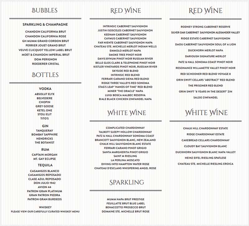 Bottle menu for table service