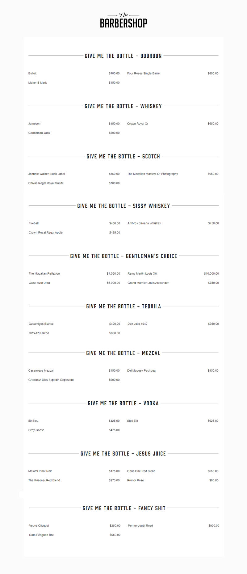 Bottle menu for table service at the Cosmo Barbershop