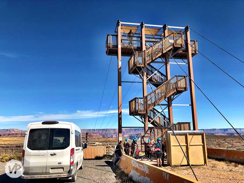 A photo of the first zipline tower at the Grand Canyon