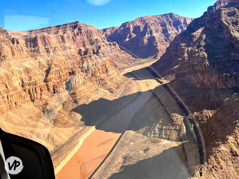 The view of the Grand Canyon from inside the helicopter