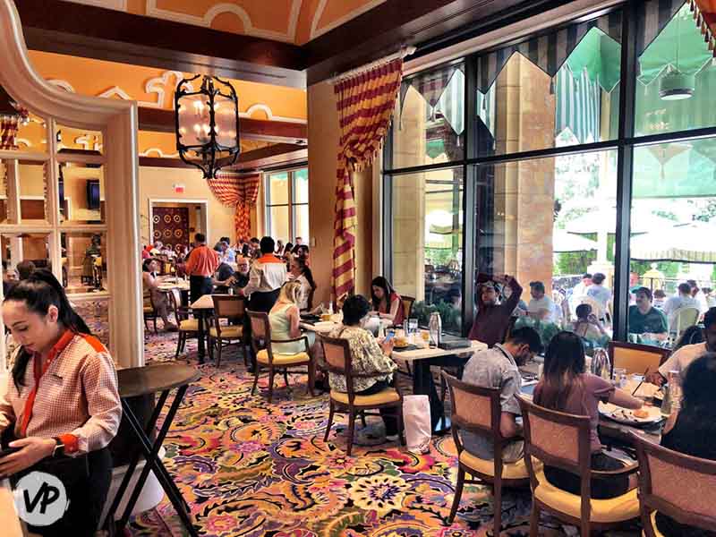 Dining tables and booths inside the café