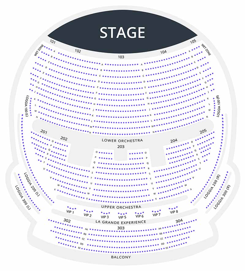 O seating chart showing the different sections and seats
