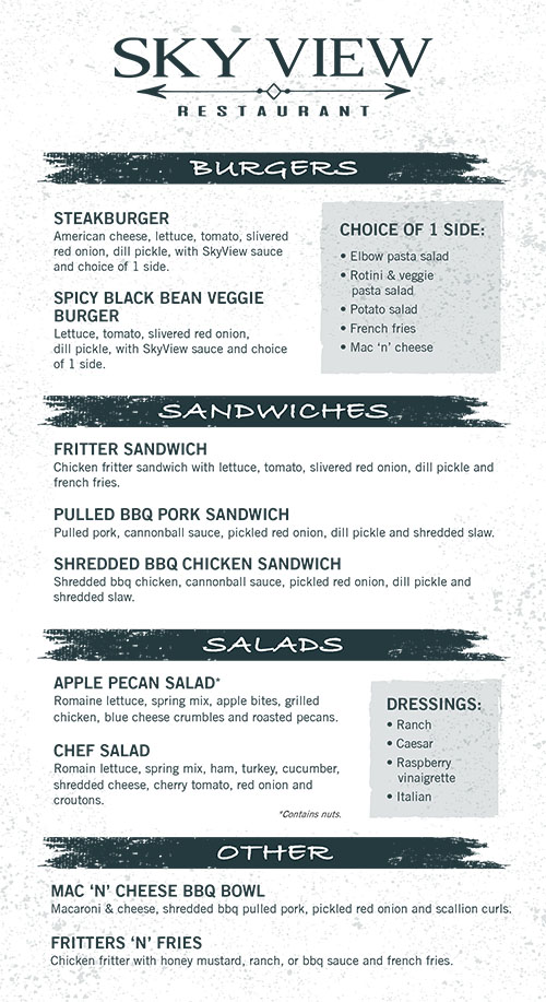 The menu for the Skyview Restaurant featuring American food