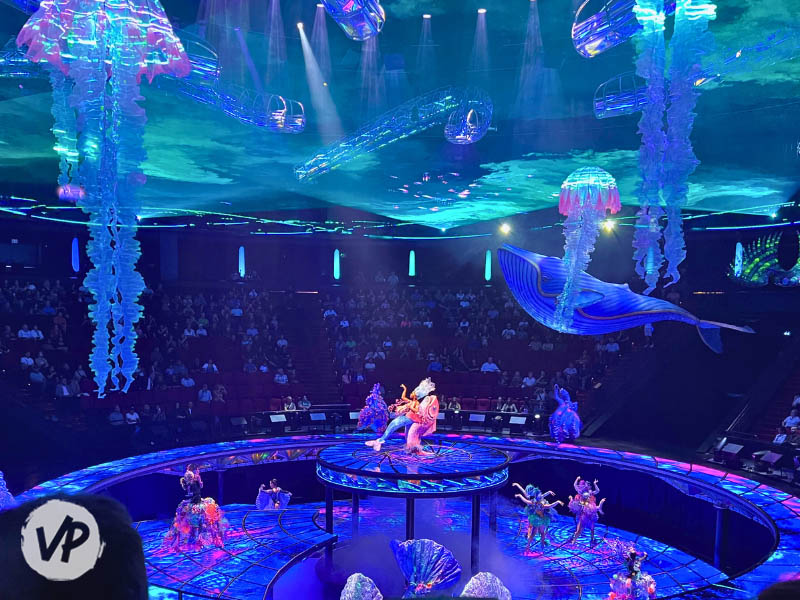Sea creatures swim around the mermaid emcee in the realm of water