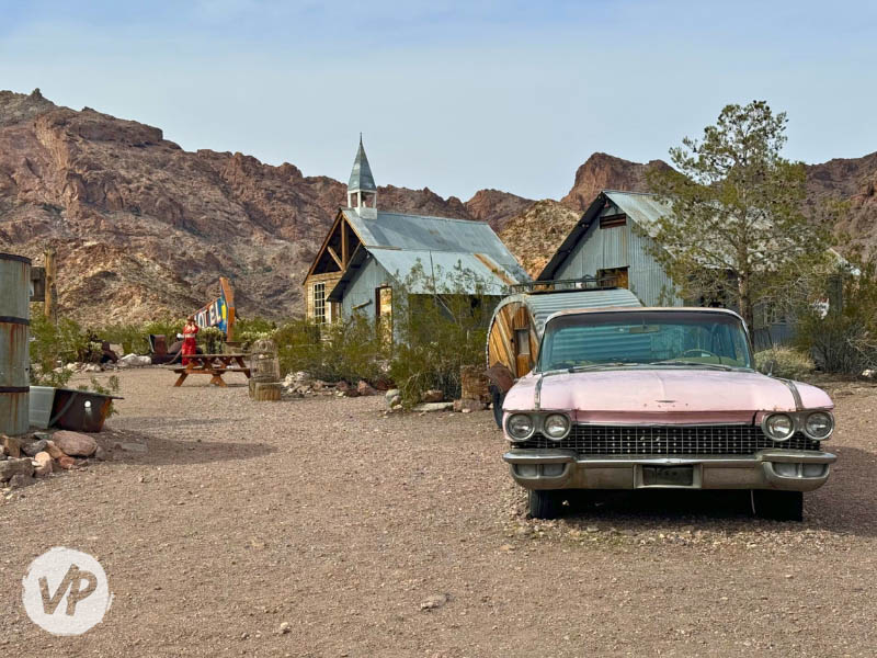 A chapel and an old car at the Nelson Ghost Town