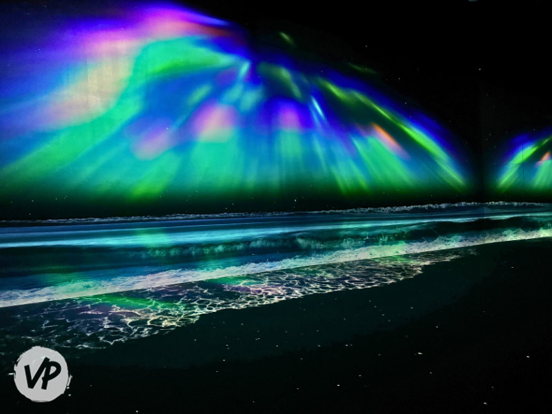 The beach exhibit featuring the Northern Lights