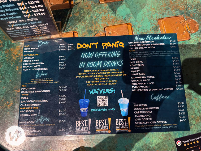 The drink menu at the attraction